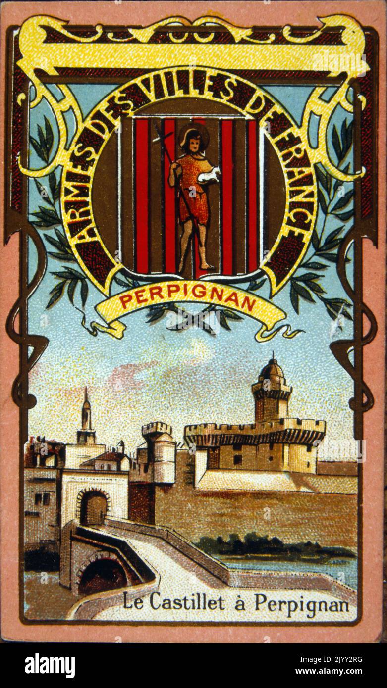 Chromolithographie (1895), zeigt das Wappen und eine Ansicht der französischen Stadt Perpignan Stockfoto