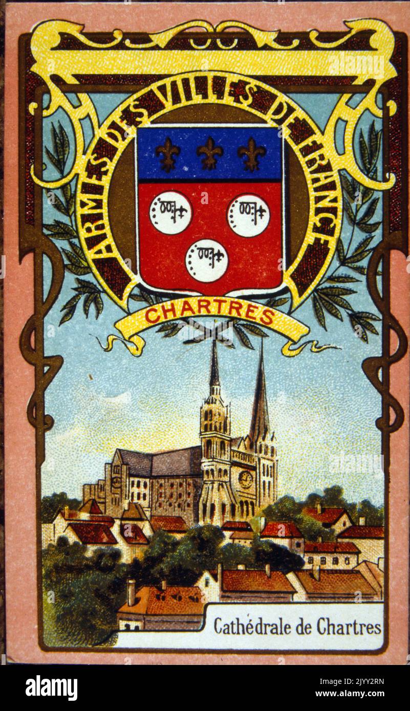 Chromolithographie (1895), zeigt das Wappen und eine Ansicht der französischen Stadt Chartres Stockfoto