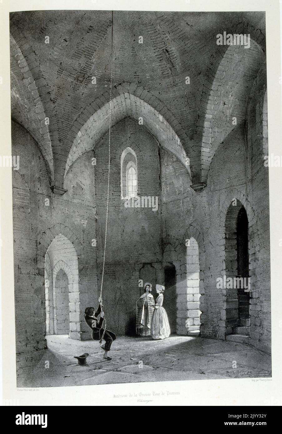 Illustration der mittelalterlichen Befestigungsanlagen, der Tour Cesar (Caesar Tower), in Ville-Haute de Provins, seine-et-Marne, Frankreich 1857 Stockfoto