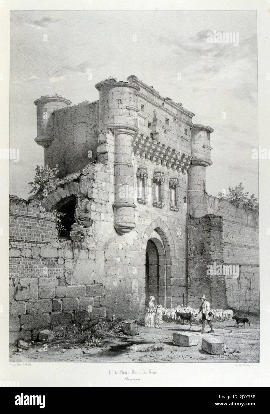 Porte Notre-Dame a Sens. Das Notre-Dame-Tor im Jahr 1828; Yonne, Frankreich. Tore, die den Reisenden bis zum Beginn des 19.. Jahrhunderts in die Stadt ließen. Davon ist nichts mehr übrig. Nur noch vier Türme sind erhalten und viele Teile der Mauern sind entlang der äußeren Boulevards noch sichtbar. Es ging von zwei Zugbrücken voraus, die ein Wachhaus umschlossen. Wurde im Winter 1831-1832 nach Beratungen des Stadtrates am 7. Dezember 1831 zur Zerstörung verurteilt. Durch diese Tür betreten die Erzbischöfe ihre erzbischöfliche Stadt. Stockfoto