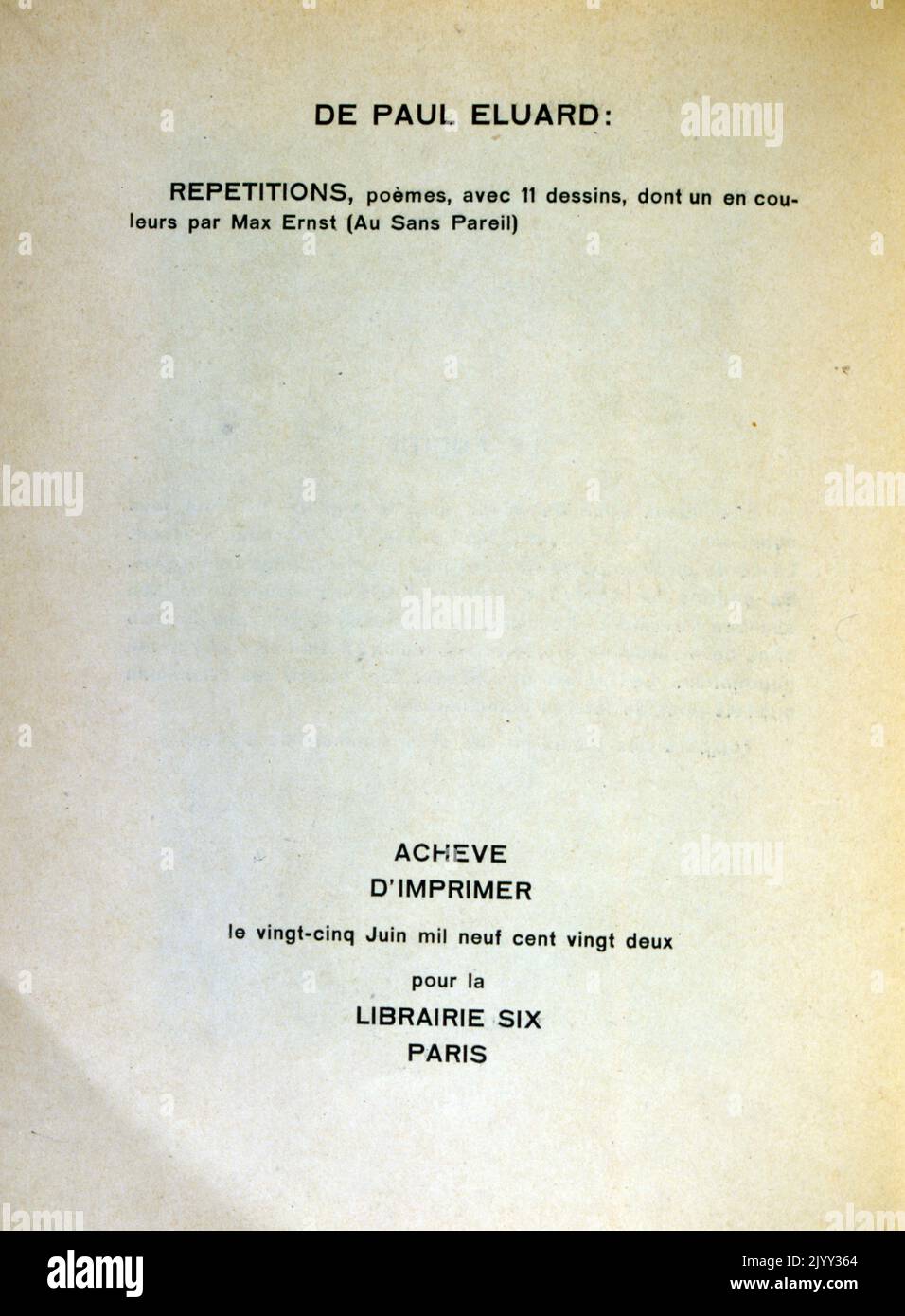 Titelseite von 'Les malheurs des immortels' reveles par Max Ernst et Paul Eluard. 1922; das Unglück der Unvererbarn, enthüllt von Max Ernst und Paul Eluard Stockfoto