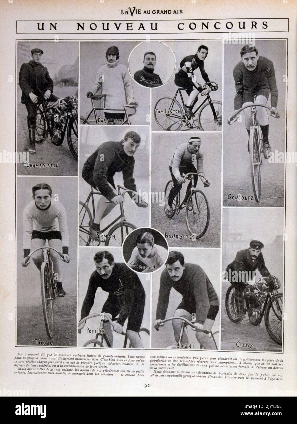 Vintage French Photographic Montage von französischen und internationalen Radsportmeistern im Jahr 1905 Stockfoto