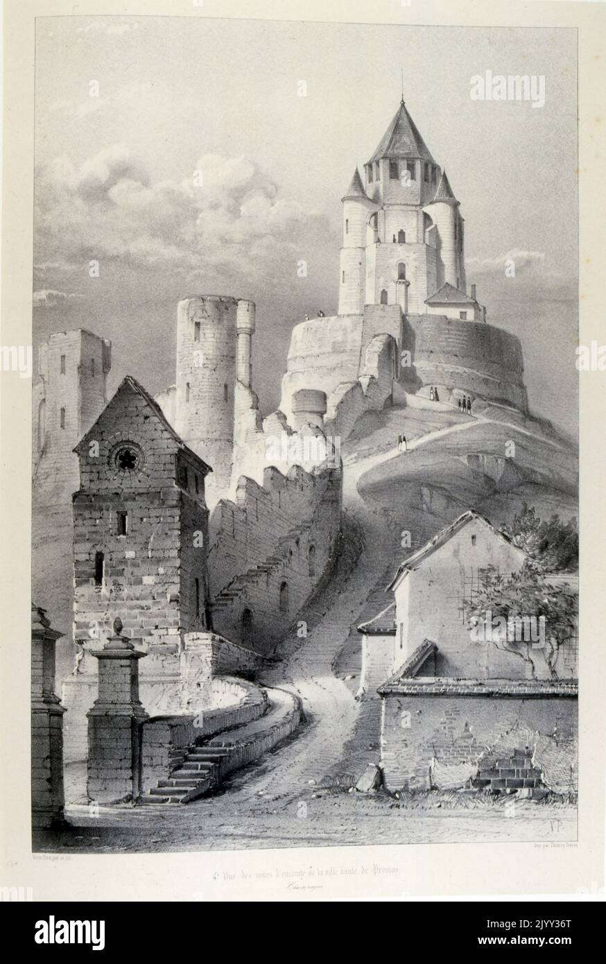 Illustration der verwinkelten Treppen zu den mittelalterlichen Befestigungsanlagen, der Tour Cesar (Caesar Tower), in Ville-Haute de Provins, seine-et-Marne, Frankreich 1857. Stockfoto