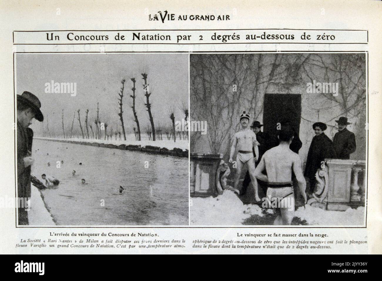 Italienische Vintage-Fotos von Schwimmern im gefrorenen Wasser eines Flusses unter Null in Mailand, Italien, 1905 Stockfoto