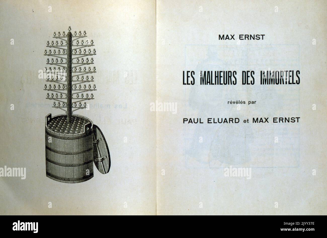 Titelseite und Illustration aus 'Les malheurs des immortels' reveles par Max Ernst et Paul Eluard. 1922; das Unglück der Unvererbarn, enthüllt von Max Ernst und Paul Eluard Stockfoto