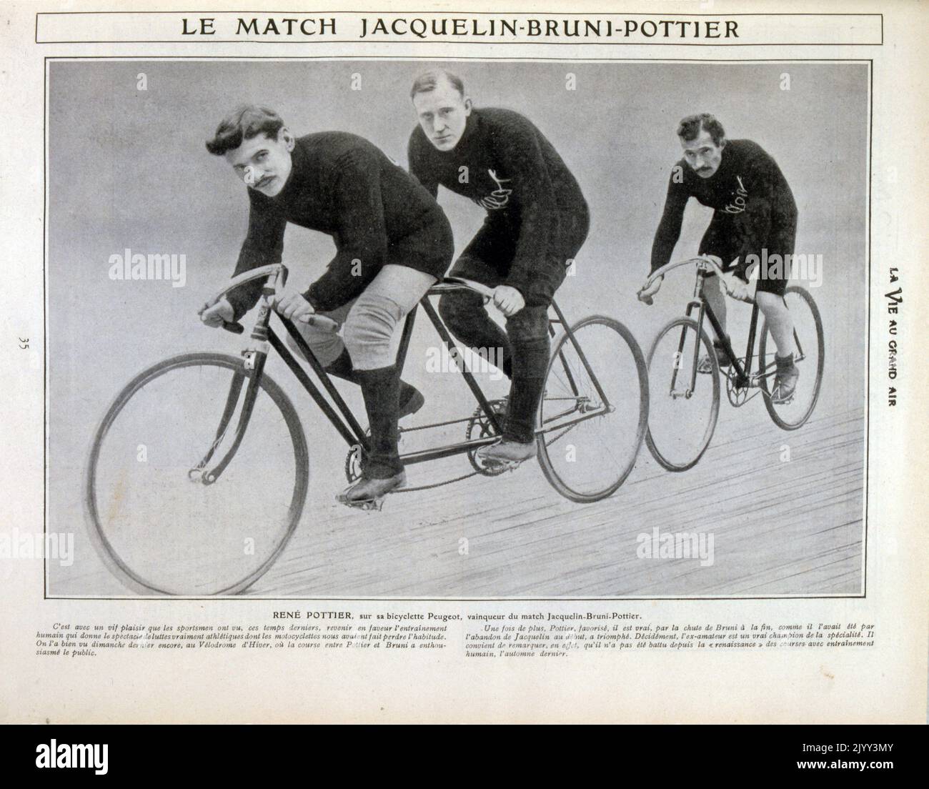 Rene Pottier (1879 - 1907), französischer Rennradfahrer (links mit Schnurrbart); gewann Bordeaux-Paris 1903, bevor er Profi wurde. Er wurde Zweiter in Paris-Roubaix 1905 und Bordeaux-Paris 1905, dann Dritter in Paris-Roubaix der 1920er-Jahre, bevor er 1906 die Tour de France gewann. Stockfoto