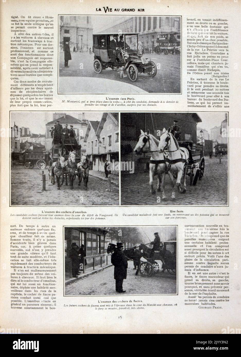Französische Vintage-Fotografien, die Pferdetransporte und ein Benzinauto in Paris im Jahr 1905 kontrastieren Stockfoto