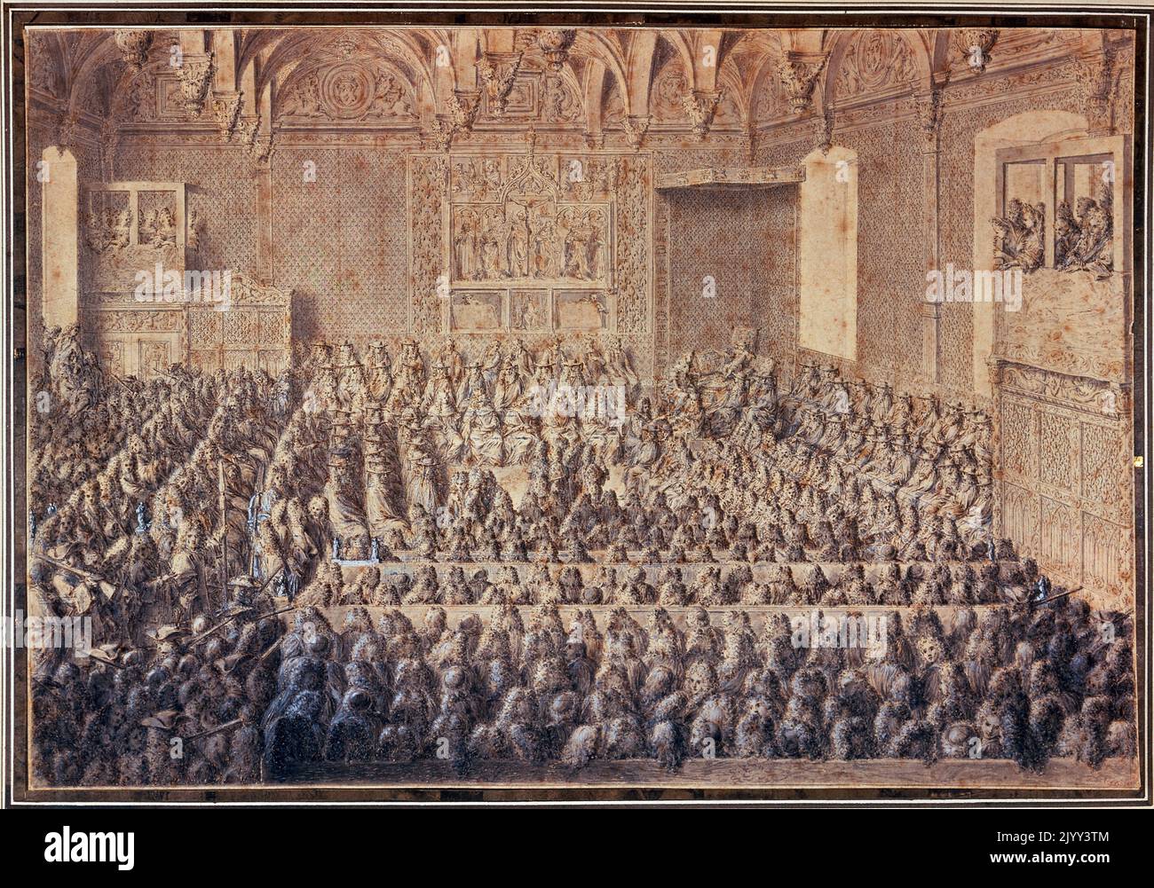 Prozess gegen Francois Ravaillac (1578 - 1610), nachdem er König Heinrich IV. Von Frankreich 1610 ermordet hatte. Stockfoto