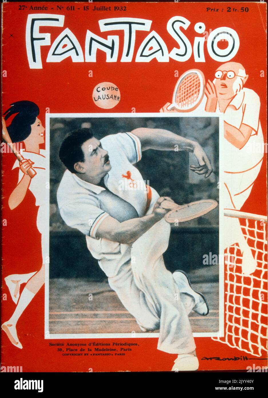 Französisches Zeitschriftencover mit Pierre Emile Gillou, (1880 - 1953) französischer Tennisspieler. Er war Kapitän der Davis Cup France Mannschaft während der 'vier Musketiere' Periode. Er war Kapitän der französischen Mannschaft, die den Davis Cup von 1927 bis 1932 gewann. 1930 wurde er zum Präsidenten des französischen Tennisverbands (FFT) gewählt. Stockfoto