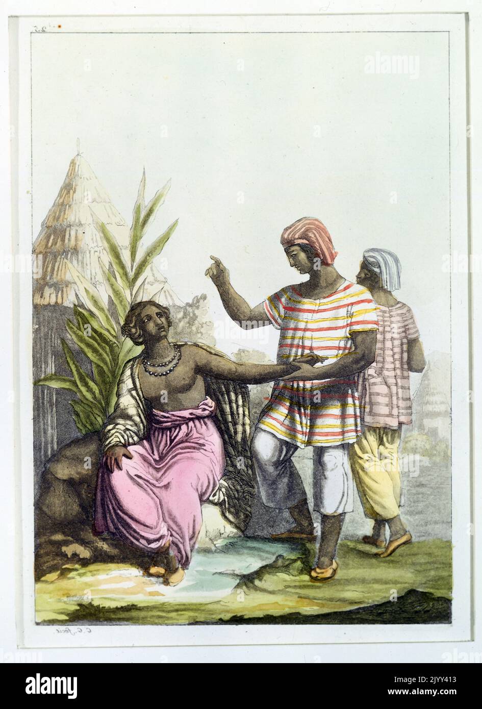 1827 Abbildung der Mandika-Stammesmenschen. Die Mandinka (auch bekannt als Mandenka, Mandinko, Mandingo, Manding oder Malinke) sind eine afrikanische ethnische Gruppe mit einer geschätzten Weltbevölkerung von 11 Millionen Menschen (die anderen drei größten ethnischen Gruppen in Afrika sind die nicht verwandten Fula-, Hausa- und Songhai-Völker). Die Mandinka sind die Nachfahren des Mali-Imperium, das im 13.. Jahrhundert an die Macht kam Stockfoto