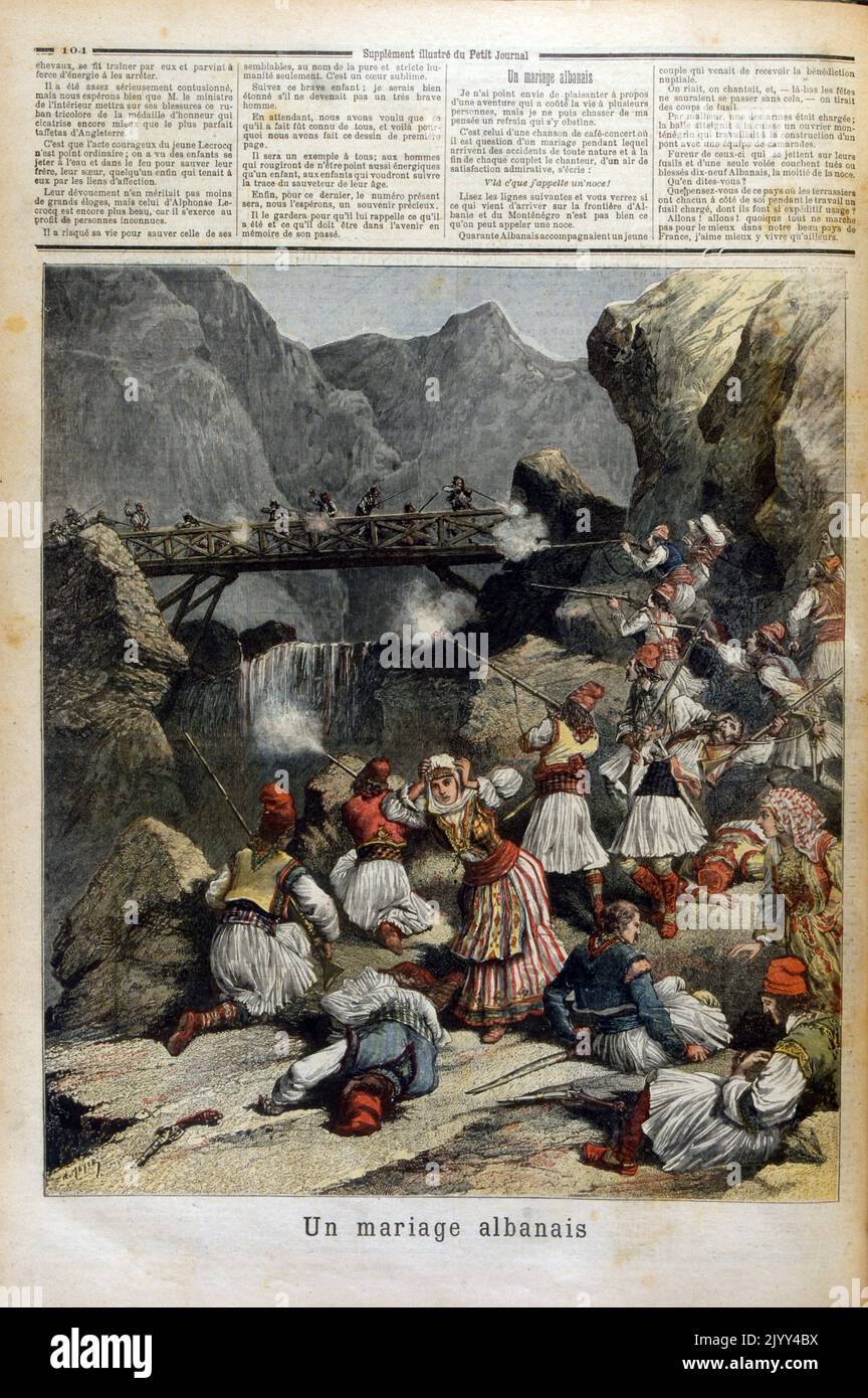 Kampf gegen osmanische imperiale Streitkräfte durch ethnische Albaner in der Nähe eines Bergpasses. 1892. Albanien blieb als Teil der Provinz Rumelien unter osmanischer Kontrolle bis 1912, als das unabhängige Albanien erklärt wurde. Stockfoto