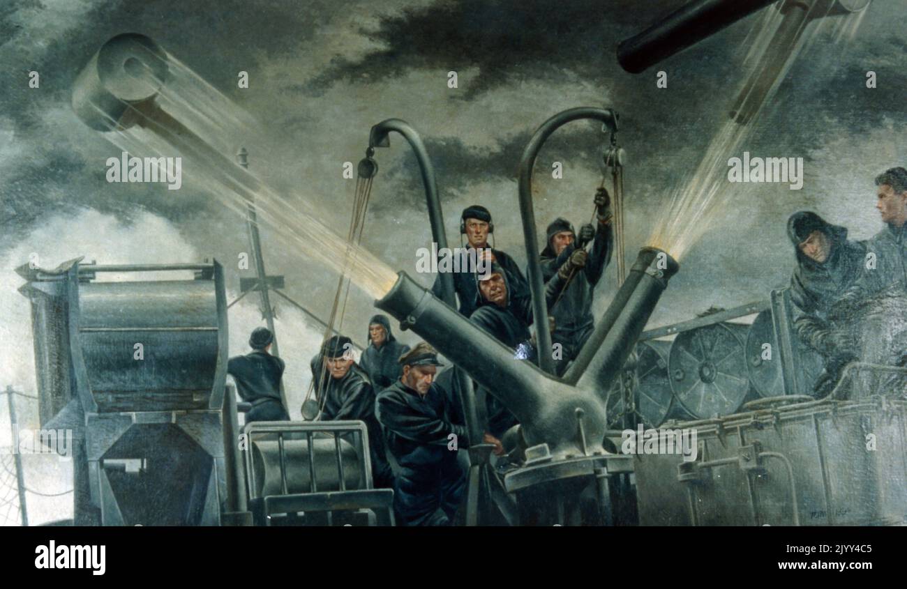 Zweiter Weltkrieg: Amerikanische Marine unter Beschuss, Atlantischer Ozean. Illustration von Tom Lea 1942 Stockfoto