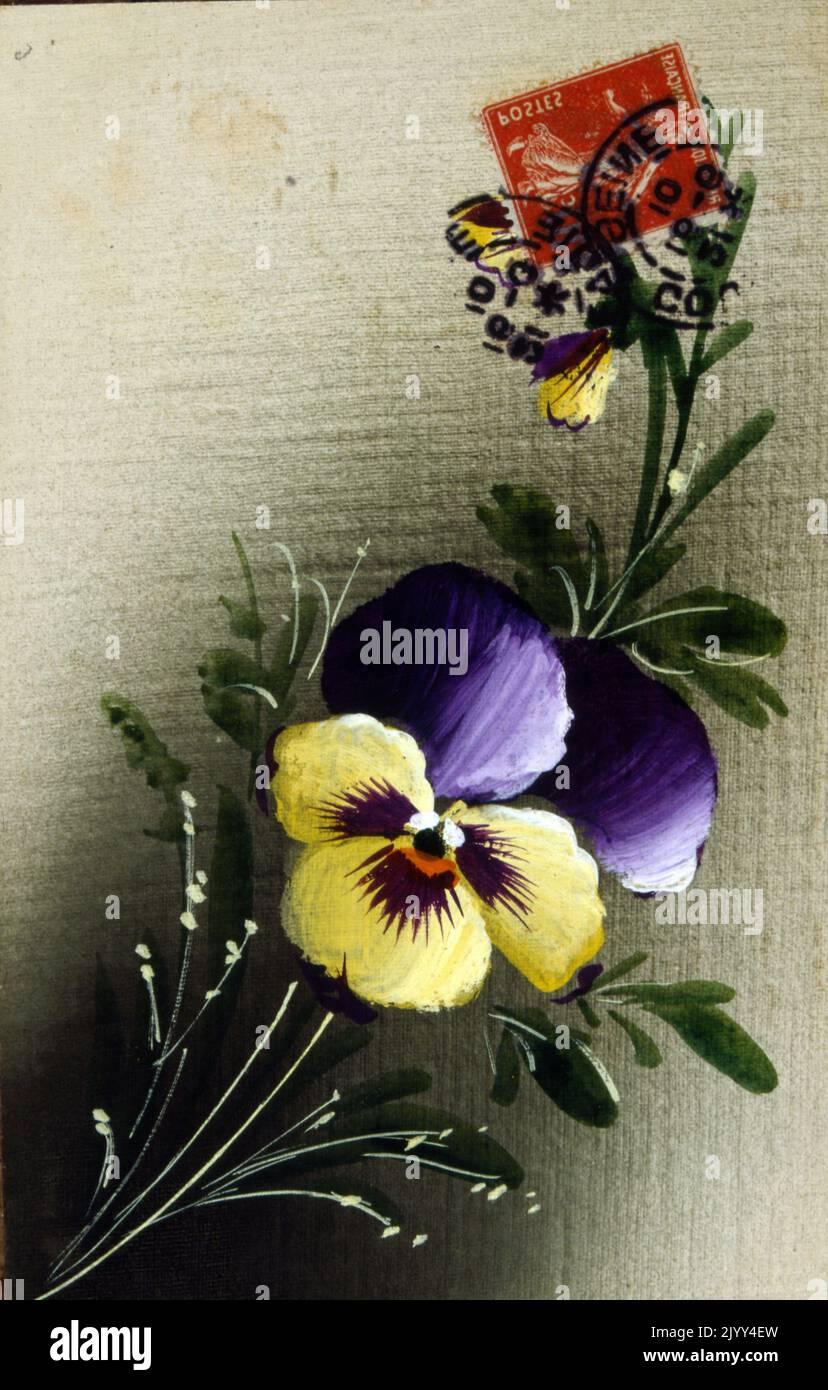 Vintage französische Postkarte mit gelben und violetten Blumen 1900 Stockfoto