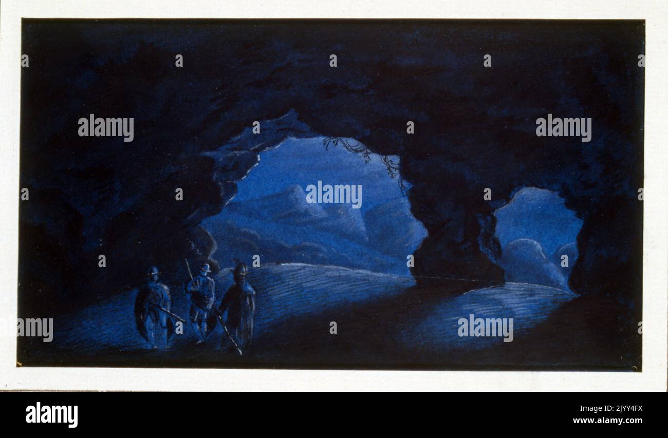 Drei Männer in einer Berggrotte', 1835. Blaue Wäsche mit weißen Glanzlichtern in Gouache, gemalt von Aurore Amadine Lucie Dupin (1804-1876), französischer Schriftsteller und Feministin, der unter dem Namen George Sand schrieb. Stockfoto
