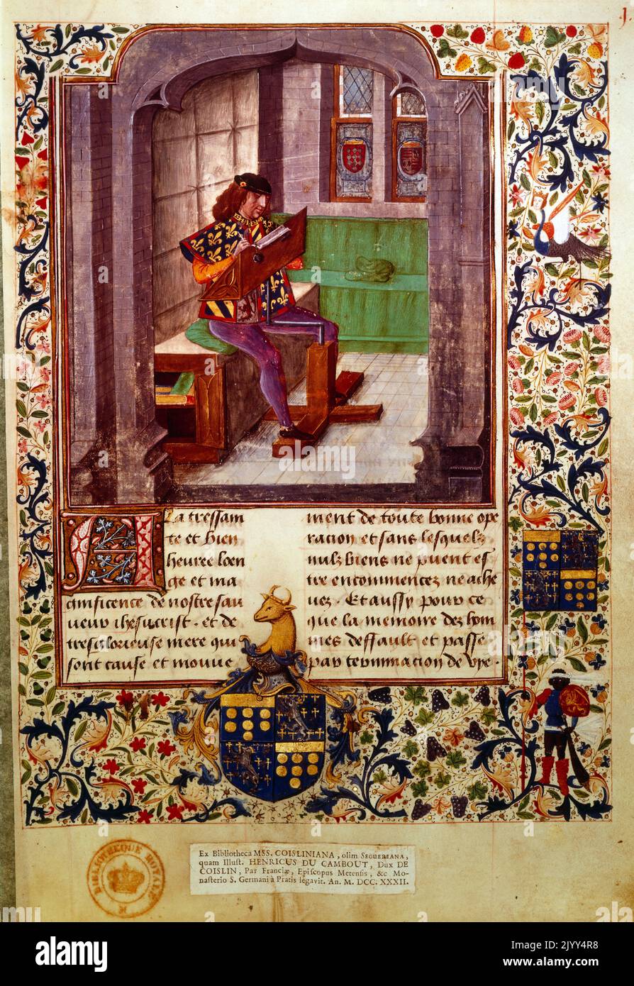 Französisch 15. Jahrhundert edel in der Ausbildung. Illustration aus einem mittelalterlichen Manuskript, das eine edle Lektüre zeigt, während er höfische Regeln studiert Stockfoto