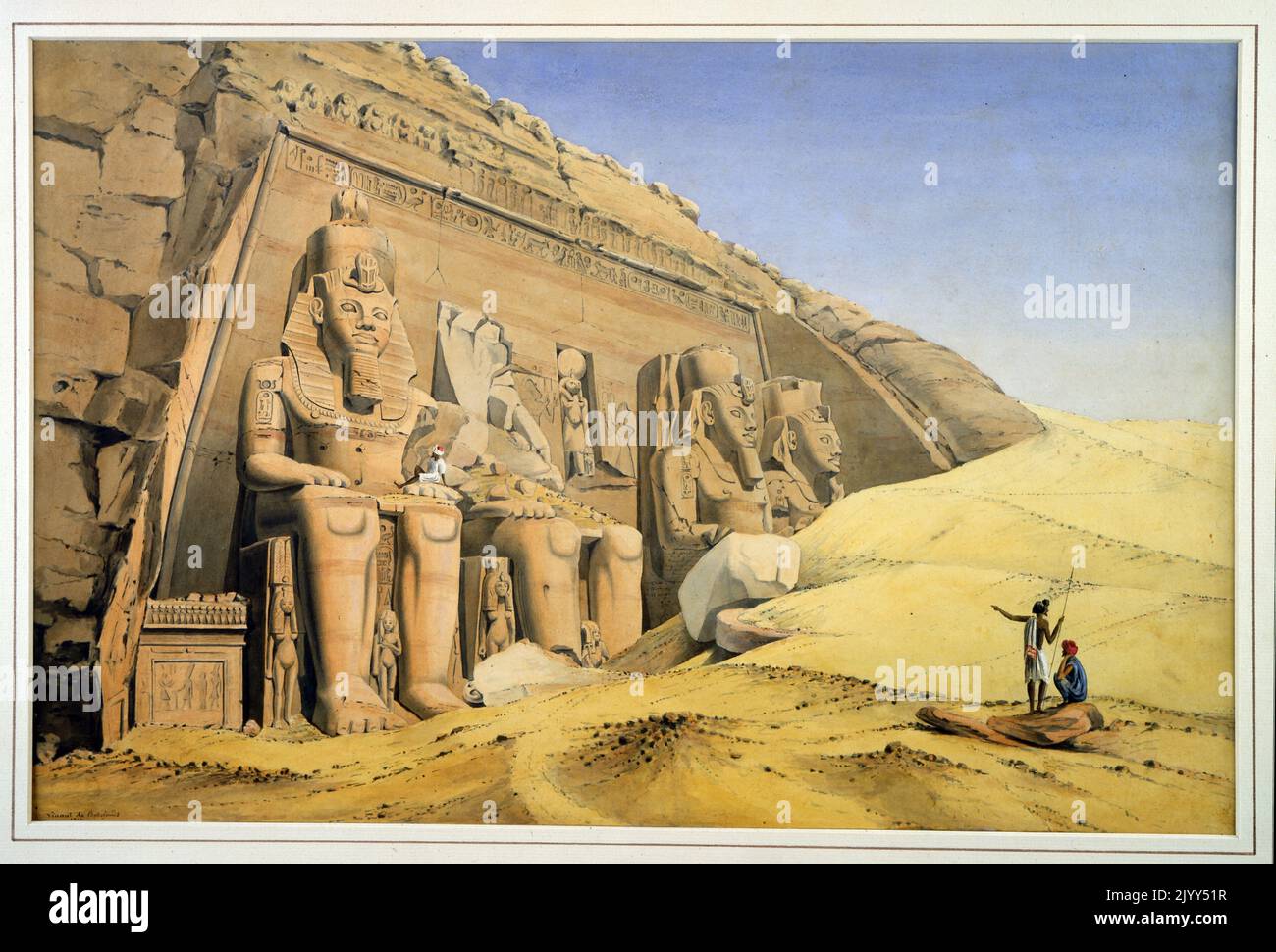 Louis Maurice Adolphe Linant de Bellefonds Expedition zum Ramses II Tempel in Abu Simbel, Ägypten. 1819. Louis Maurice Adolphe Linant de Bellefonds, besser bekannt als Linant Pasha (1799 - 1883), war ein Entdecker Ägyptens und, als leitender Ingenieur der öffentlichen Werke Ägyptens, 1831-1869, leitender Ingenieur des Suezkanals. Stockfoto
