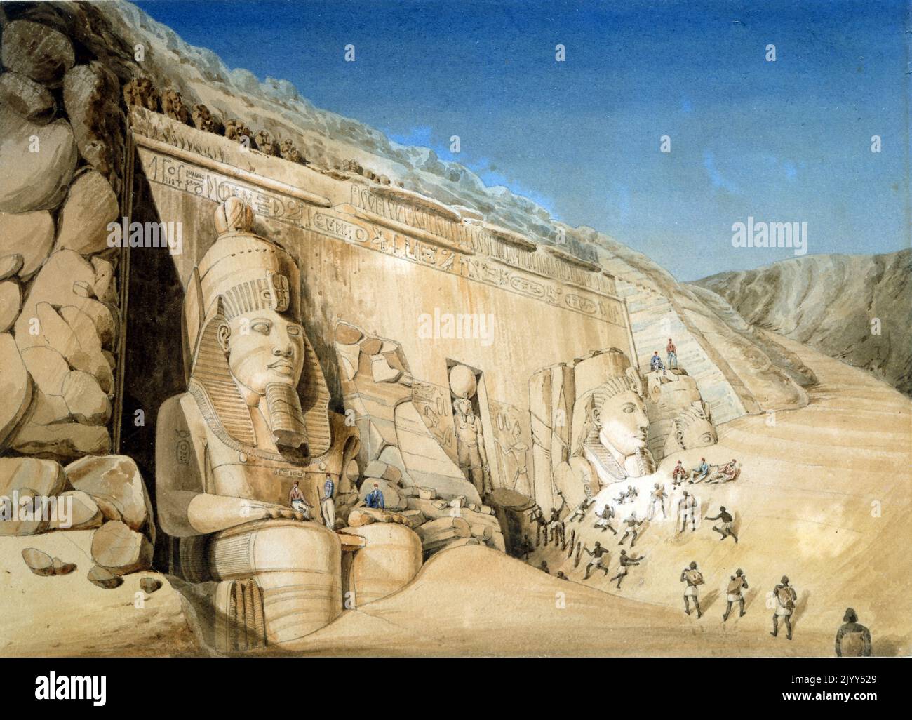 Louis Maurice Adolphe Linant de Bellefonds Expedition zum Ramses II Tempel in Abu Simbel, Ägypten. 1819. Louis Maurice Adolphe Linant de Bellefonds, besser bekannt als Linant Pasha (1799 - 1883), war ein Entdecker Ägyptens und, als leitender Ingenieur der öffentlichen Werke Ägyptens, 1831-1869, leitender Ingenieur des Suezkanals. Stockfoto