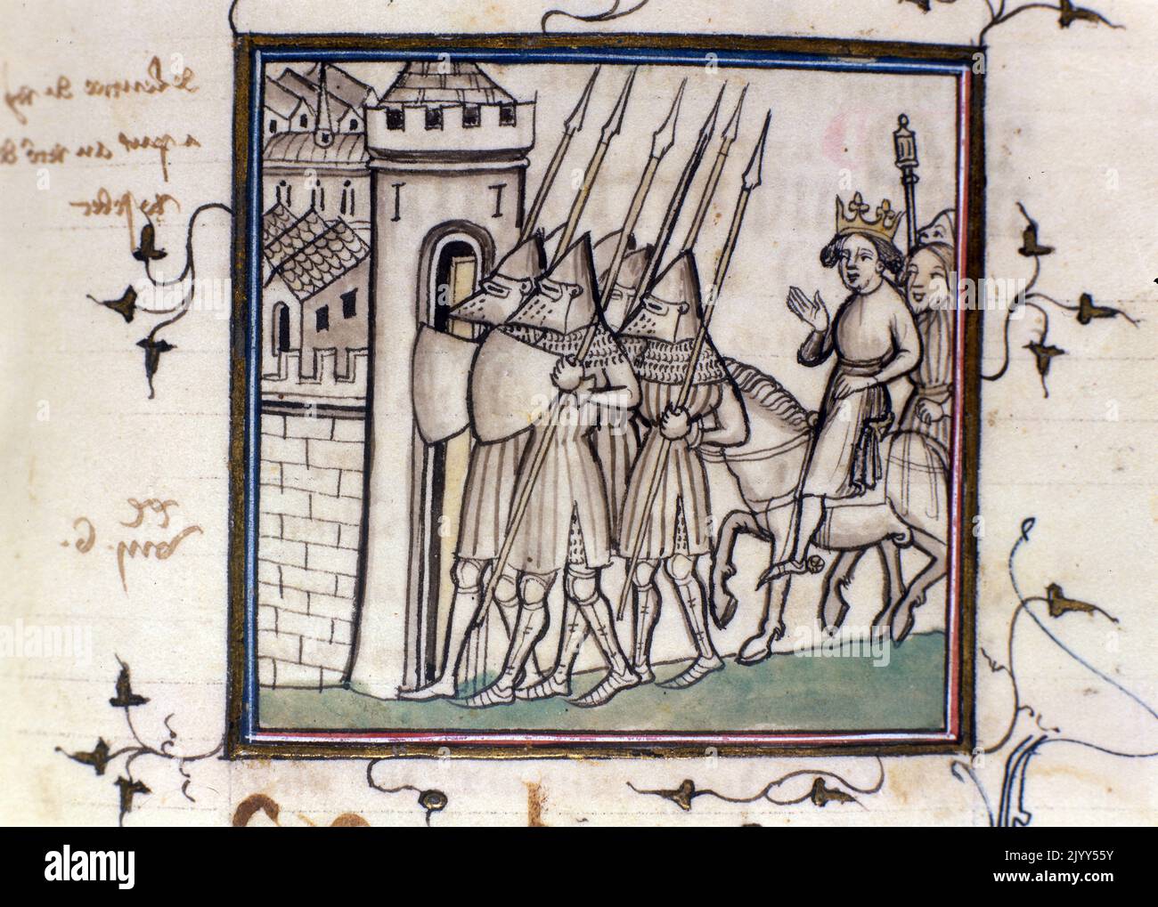 Rückkehr von Karl VI. Von Frankreich nach der Schlacht von Roosebeke, 1382, (15.. Jahrhundert, Illustration). Von der Bibliotheque Municipale, Besancon. Die Schlacht von Roosebeke (manchmal auch als die Schlacht von Westrozebeke bezeichnet) fand am 27. November 1382 auf dem Goudberg (goldener Berg) statt. Zwischen einer flämischen Armee unter Philip van Artevelde und einer französischen Armee unter Ludwig II. Von Flandern, die den französischen König Karl VI. Nach einer Niederlage in der Schlacht von Beverhoutsveld um Hilfe gerufen hatte. Die flämische Armee wurde besiegt, Philip van Artevelde wurde getötet und seine Leiche wurde in die Zerstreutte gesteckt Stockfoto