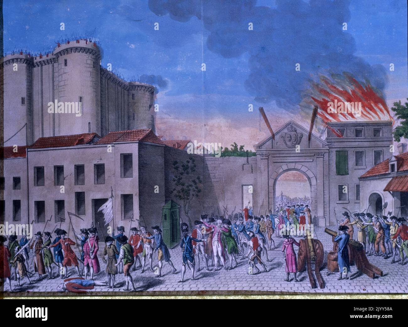 La Pry de la Bastille-Gemälde, das die Gefangennahme der Garnison zeigt, die das Bastille-Gefängnis während der Französischen Revolution im Jahr 1789 verwahrte. Am Morgen des 14. Juli versammelte sich eine große revolutionäre Menge vor dem königlichen Gefängnis namens Bastille, und am Nachmittag brachen Kämpfe zwischen der Menge und der königlichen Garnison aus. Stockfoto