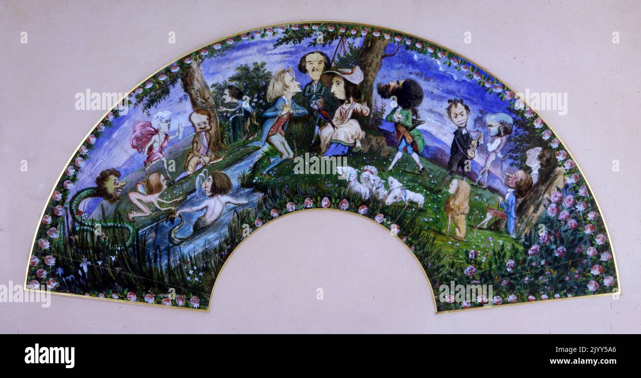 Bemalter Fächerhalter mit Selbstporträt und Porträts von Franz Lizt, Frederic Chopin und der romantischen Musikszene. Vom Schriftsteller George Sand. Um 1865 Stockfoto