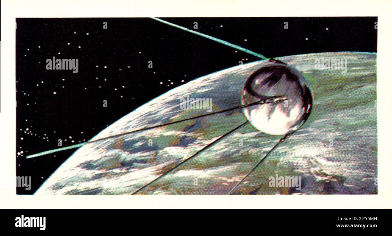 Aus einer Serie von Karten für Brooke Bond Tea; 1973; „The Race into Space“, illustriert von David Lawson; illustrierte Farbaufnahme von Sputnik I (Eine Serie von 50 Karten, Nr. L 1, S. Stockfoto