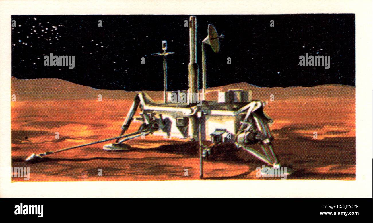 Aus einer Serie von Karten für Brooke Bond Tea; 1973; „The Race into Space“, illustriert von David Lawson; illustrierte Farbaufnahme von Viking, einem unbemannten amerikanischen Raumschiff (Eine Serie von 50 Karten, Nr. L 44, S. Stockfoto