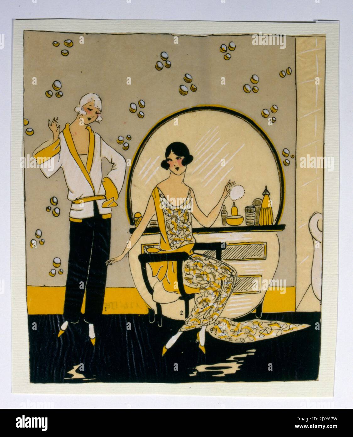 Montiert Illustration von zwei Damen in einem Ankleidezimmer, Stil 1920s. Stockfoto