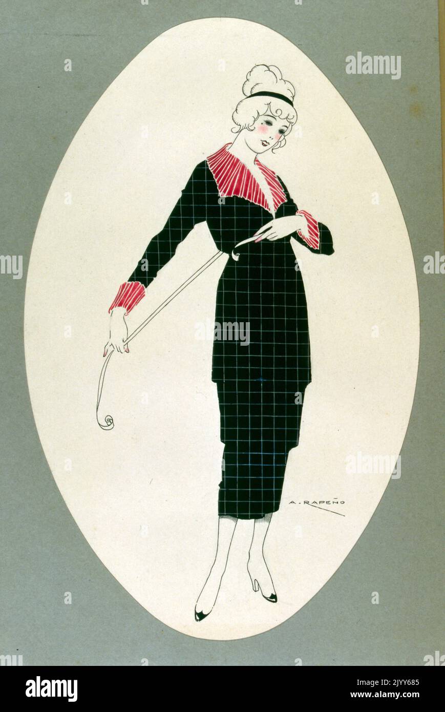 Modedesign Illustration einer Dame mit einem Maßband des Künstlers A. Rapeno. Stockfoto