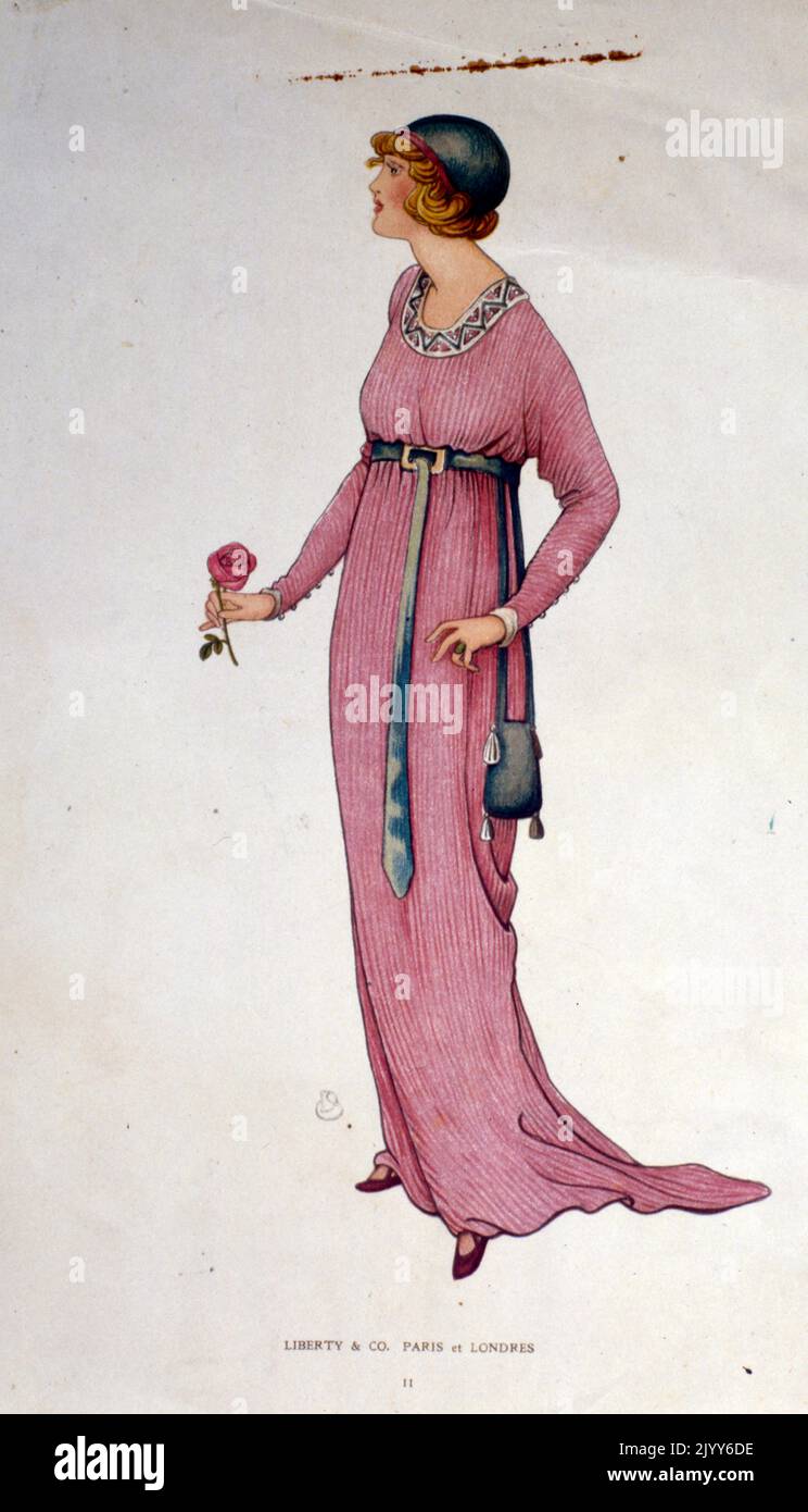 Farbdarstellung einer Dame in einem rosa Kleid von Liberty and Co., Paris. Stockfoto