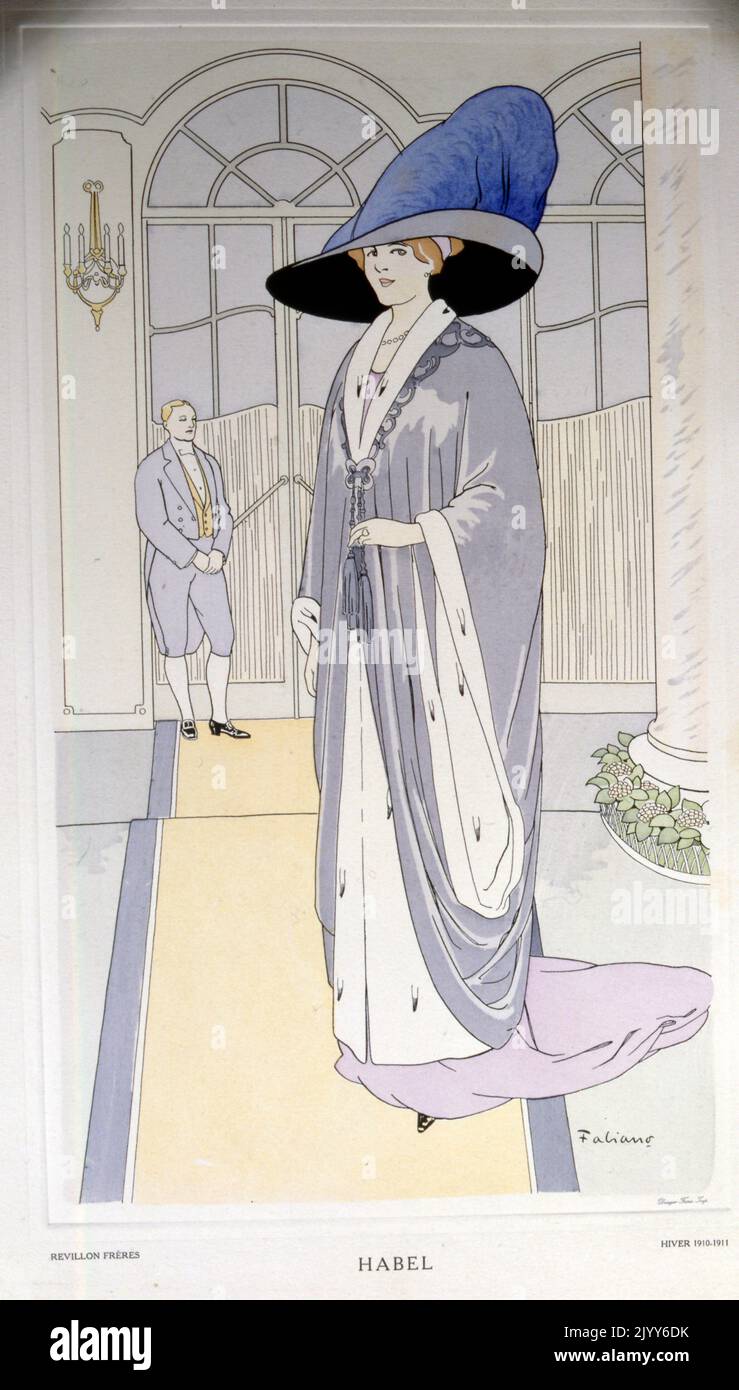 Farbige Illustration einer Dame, die einen riesigen Hut gegen ein Bogenfenster von der Künstlerin Faliane trägt; in der Publikation Habel für die französische Designerfirma Revillon Freres. Stockfoto