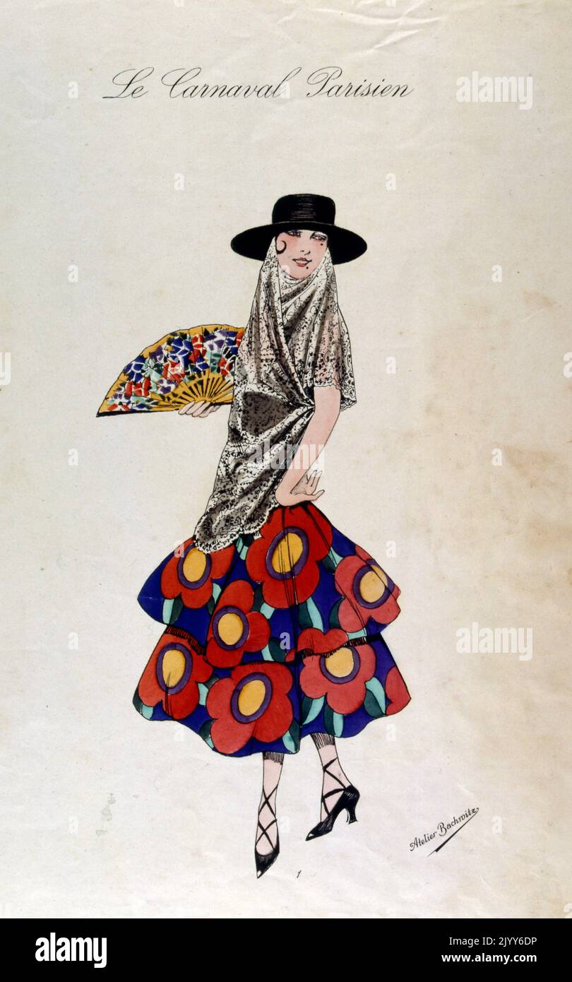 Farbige Illustration einer Dame in Flamenco-Kleidung mit dem Titel „der Pariser Karneval“, herausgegeben vom Atelier Bachroite. Stockfoto