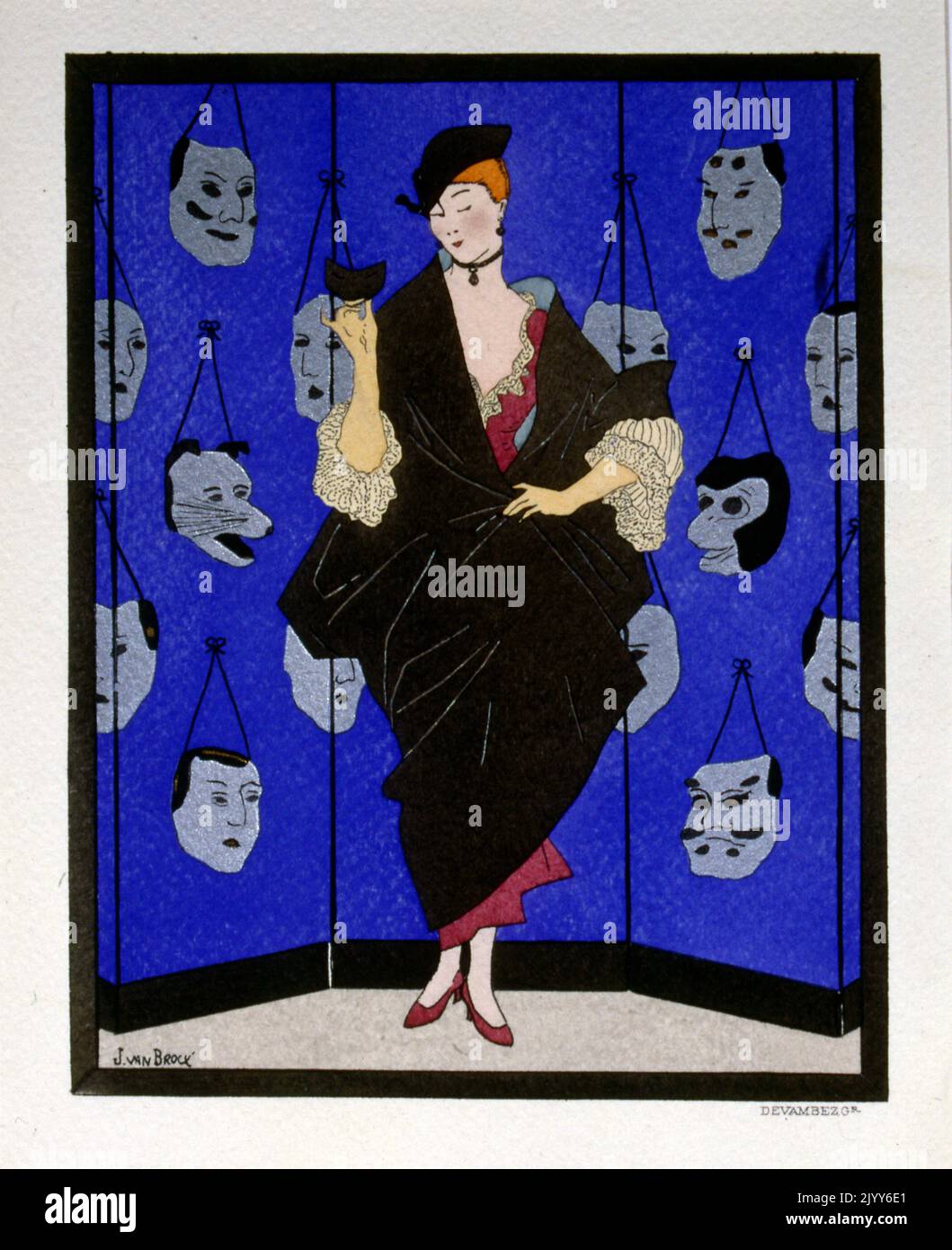 Gemauert Illustration einer Dame in einem dunklen Mantel mit Rüschen Ärmeln; der hintere Tropfen zeigt Masken, die an einer Wand hängen; der Künstler ist J. V. Brock Stockfoto