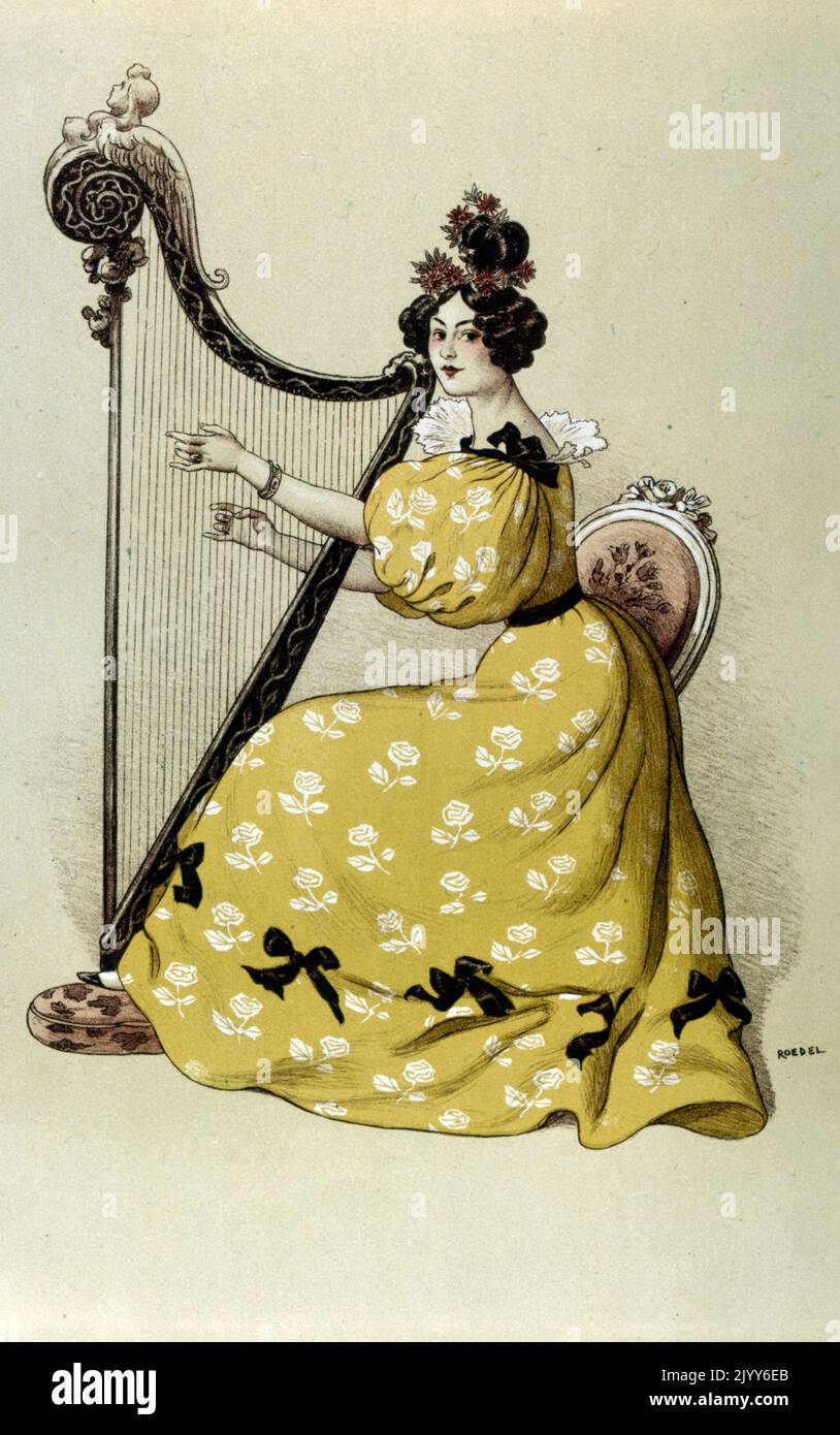 Farbige Darstellung einer Dame in einem gelben Kleid, die eine Harfe spielt. Stockfoto