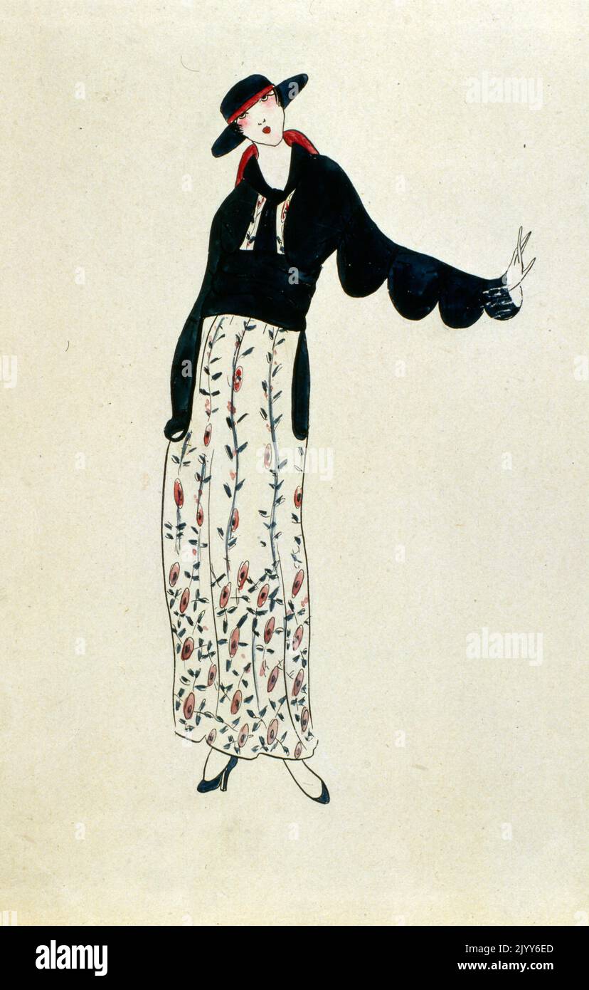 Mode Illustration einer Dame, die einen schwarzen Hut, verzierte Ärmel und einen langen Rock mit einem roten Mohnmuster trägt. Stockfoto