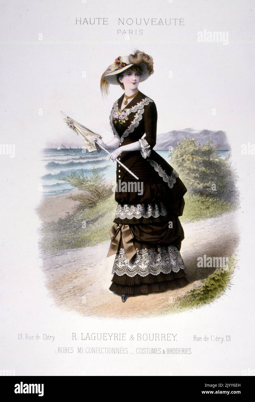 Farbdarstellung einer Dame im Outfit von R. Lagueyrie und Bourrey, Spezialisten für Stickerei, Paris. Stockfoto