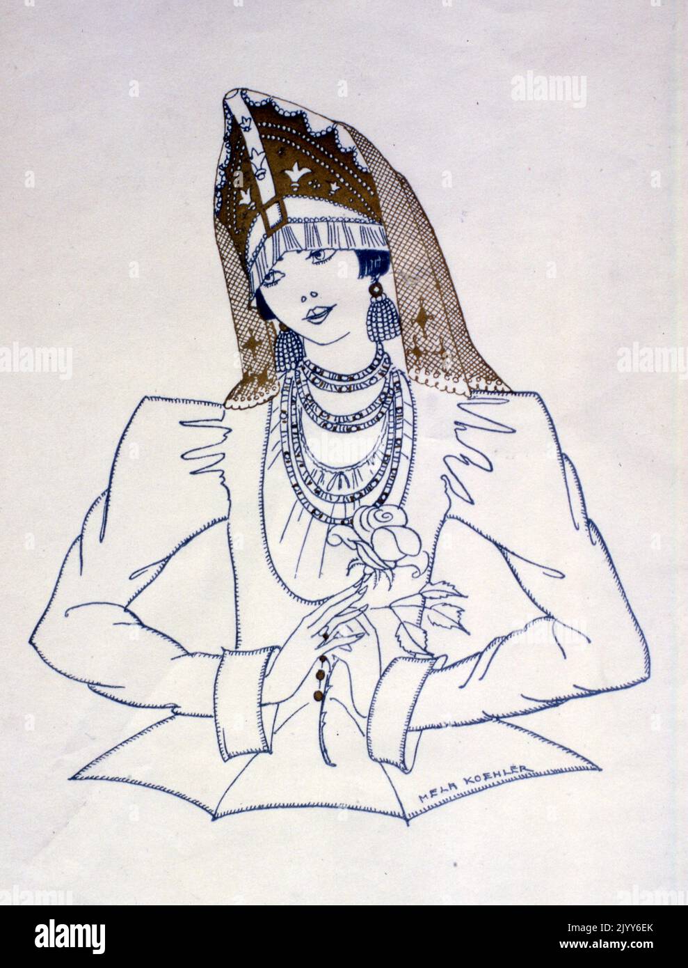 Linienzeichnung einer Dame mit einem Kopfkleid und einer Rose von der Künstlerin Melr Koehler. Stockfoto