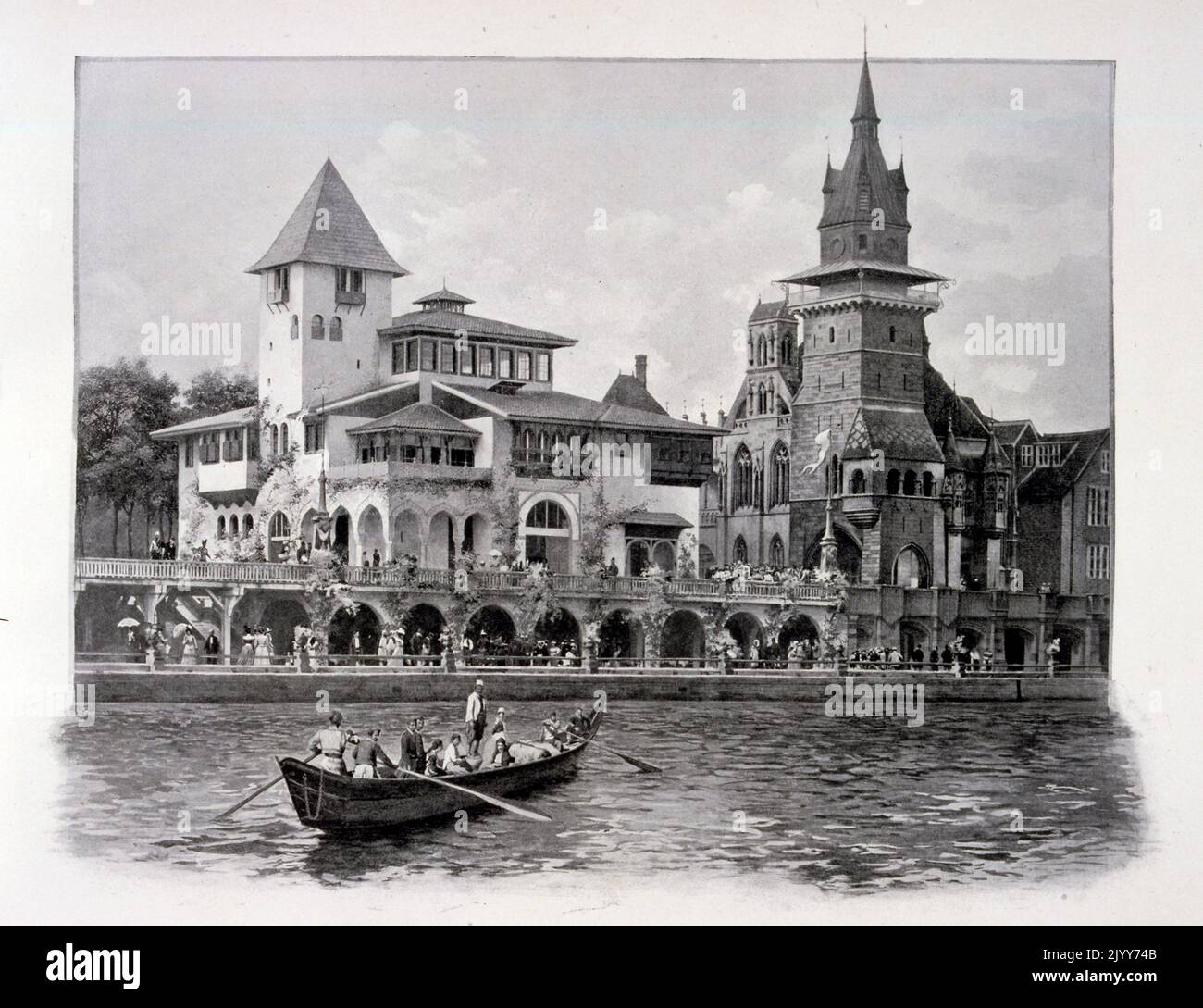 Ausstellung Universelle (Weltausstellung) Paris, 1900; Schwarz-Weiß-Fotografie des Pavillons von Bosnien-Herzegowina und Ungarn. Stockfoto