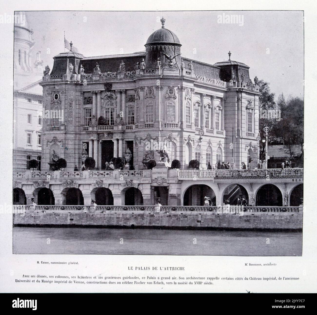 Ausstellung Universelle (Weltausstellung) Paris, 1900; Schwarz-Weiß-Fotografie; Außenansicht über die seine des österreichischen Palastes. Stockfoto