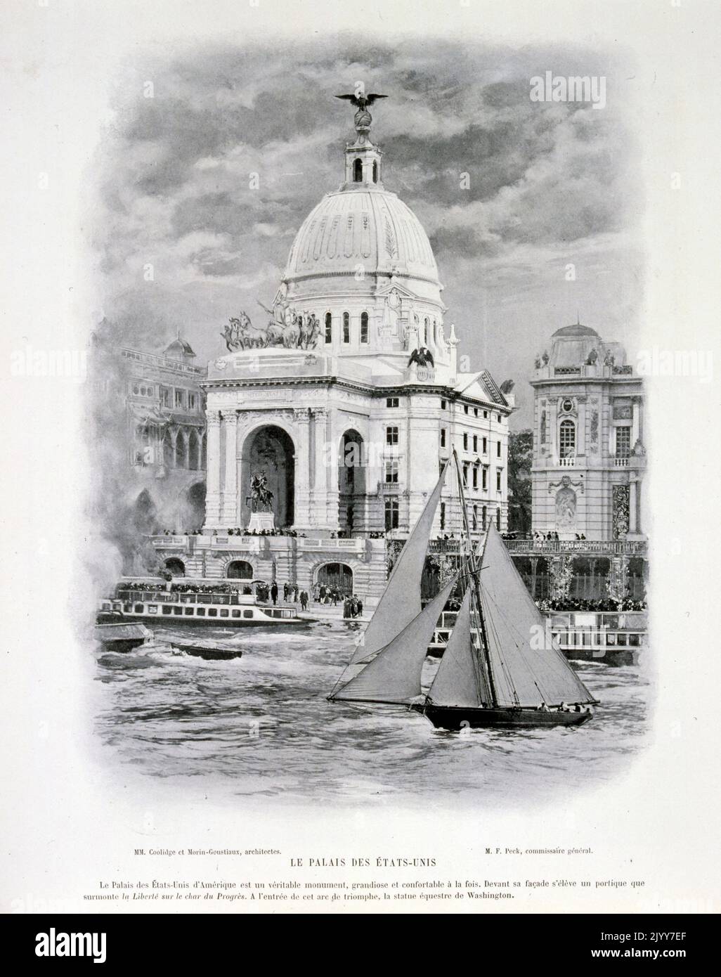 Ausstellung Universelle (Weltausstellung) Paris, 1900; Schwarz-Weiß-Fotografie; Blick über die seine des US-amerikanischen Palastes; eine Yacht im Vordergrund. Stockfoto
