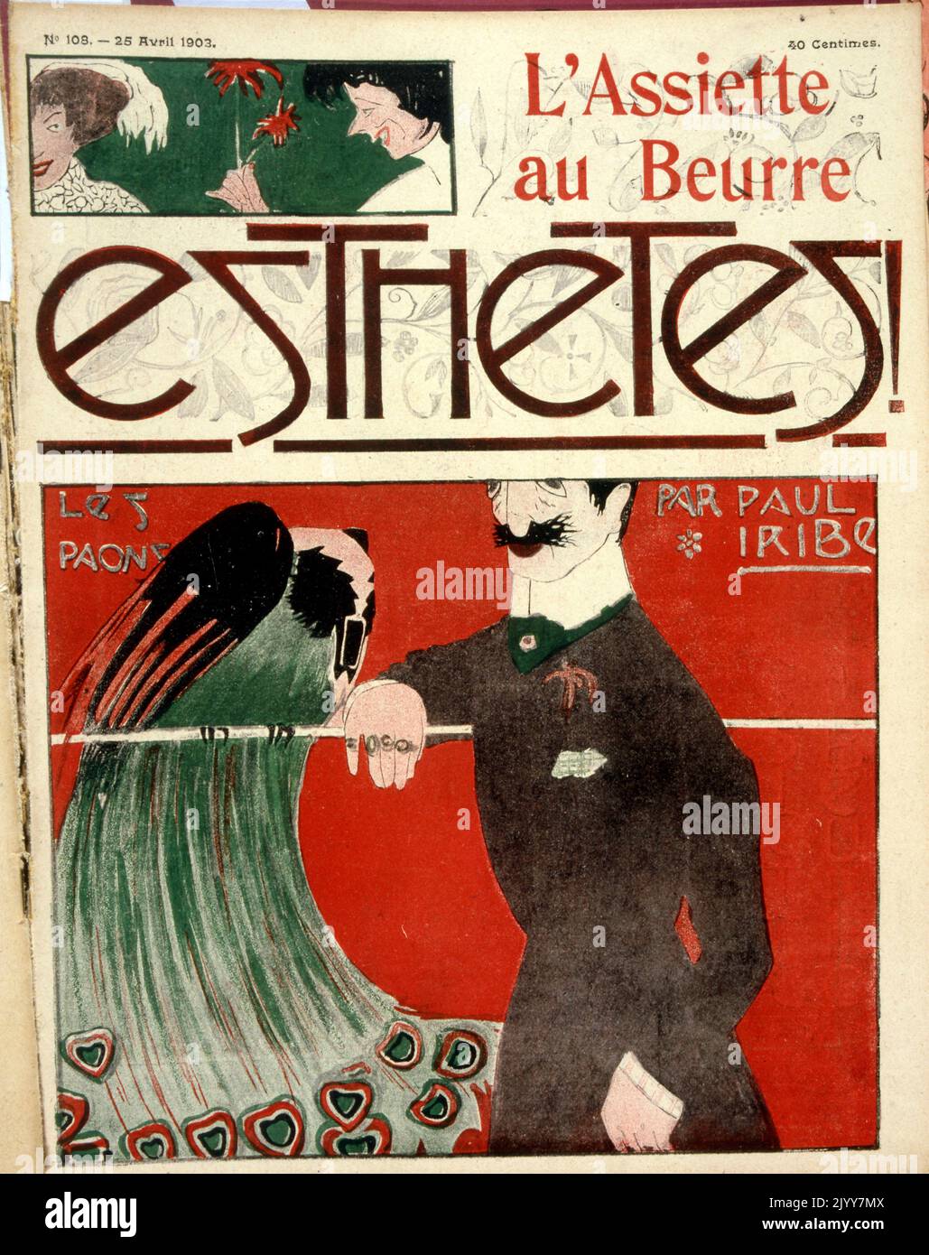 In der satirischen Zeitschrift L'Assiette au Beurre; Titelbild; Farbzeichnung eines Mannes, der mit einem Pfau spricht; Ausgabe mit dem Titel 'die Idioten' von Galanis. Stockfoto