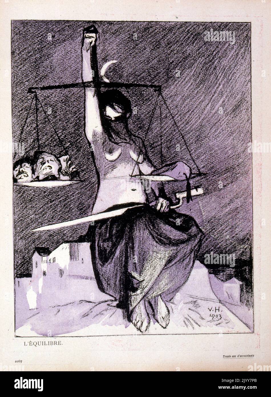 Schwarz-weiß Illustration aus dem Buch Trente ans d'Assassinates von V.H. (1903). Waagen der Gerechtigkeit halten die enthaupteten Köpfe der Männer auf einem Gewicht und einen Sack Geld auf dem anderen; Lady Justice hat das Schwert in der Hand. Stockfoto