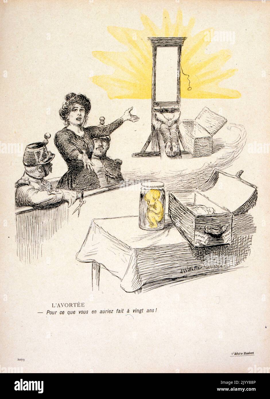 In der satirischen Zeitschrift L'Assiette au Beurre; Farbzeichnung einer Dame, die in einem Glas mit dem Titel 'die Abtreibung' ein Baby ansieht. Stockfoto