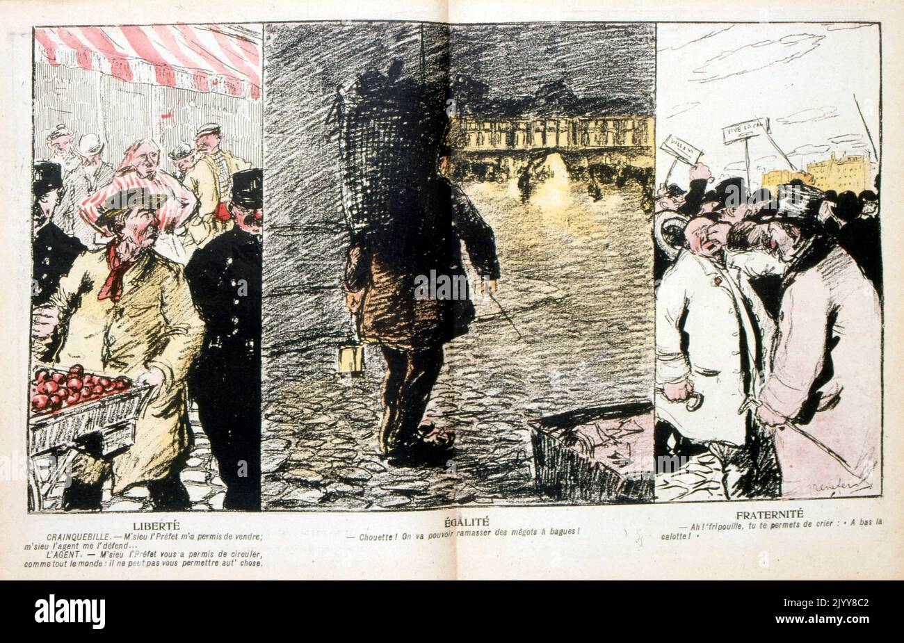 In L'Assiette au Beurre satirische Zeitschrift satirische Zeitschrift; Farbzeichnung triptichon von drei Szenen mit 'Liberte, Egalite et Fraternite' Stockfoto