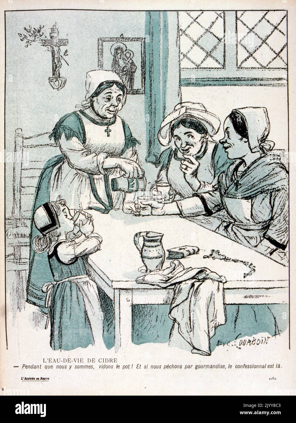 In der satirischen Zeitschrift L'Assiette au Beurre; Farbzeichnung alter Frauen (Nonnen) um einen Tisch mit Apfelwein mit dem Titel 'The Water of Life is Cider'. Stockfoto