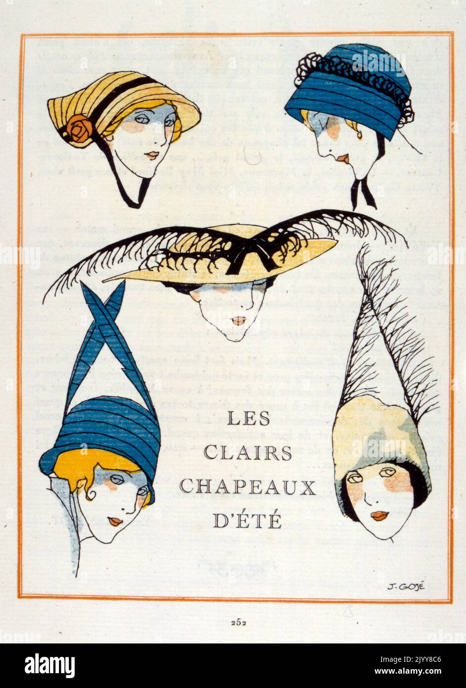 Eine farbige Illustration von Xavier Gose mit fünf Porträts von Frauen, die exotische Hüte tragen, mit dem Titel „The Perfect Summer Hats“. Stockfoto