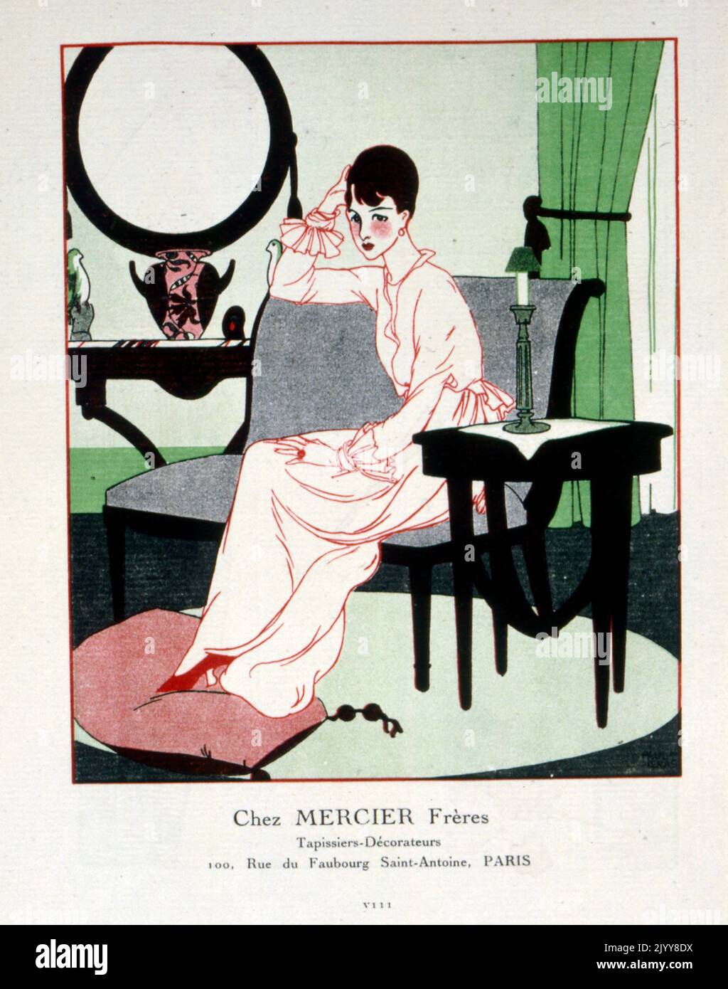 Eine farbige Zeichnung einer Dame, die mit ihren Füßen auf einem Poof auf einer Couch sitzt, mit dem Titel „chez Mercier Freres“. Innenarchitekten in der Rue Faubourg, Saint-Antoine, Paris. Stockfoto