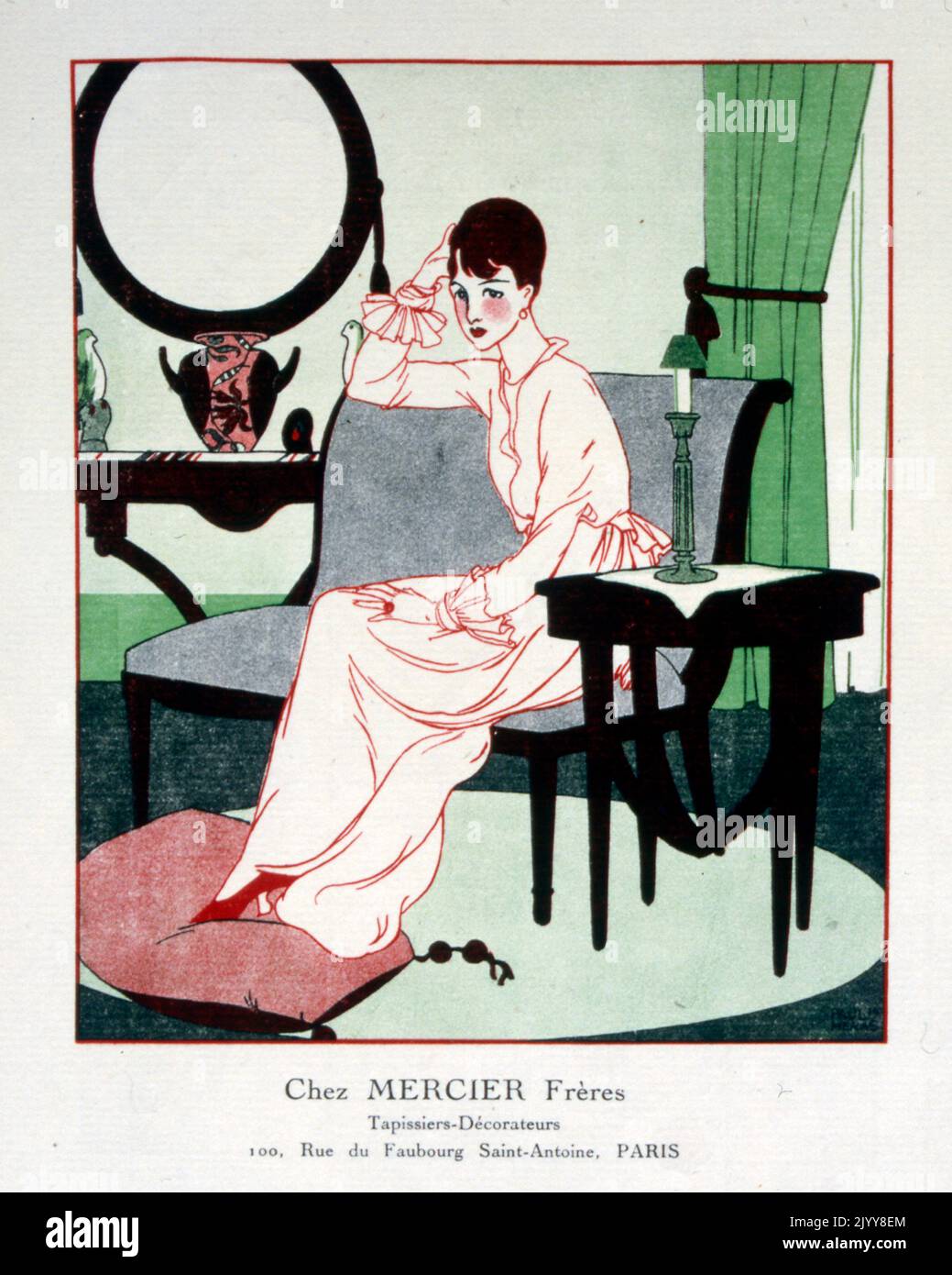 Eine farbige Zeichnung einer Dame, die mit ihren Füßen auf einem Poof auf einer Couch sitzt, mit dem Titel „chez Mercier Freres“. Innenarchitekten in der Rue Faubourg, Saint-Antoine, Paris. Stockfoto
