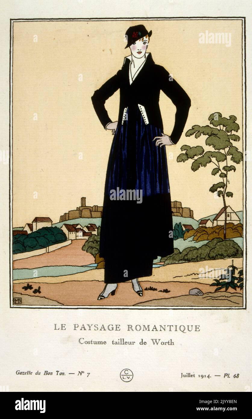 Eine farbige Illustration des Jugendstils (Modernist) vom Juli 1914; Frau steht gegen eine Landschaft mit dem Titel „die romantisierte Landschaft“. Sie trägt ein Outfit von Worth. Stockfoto