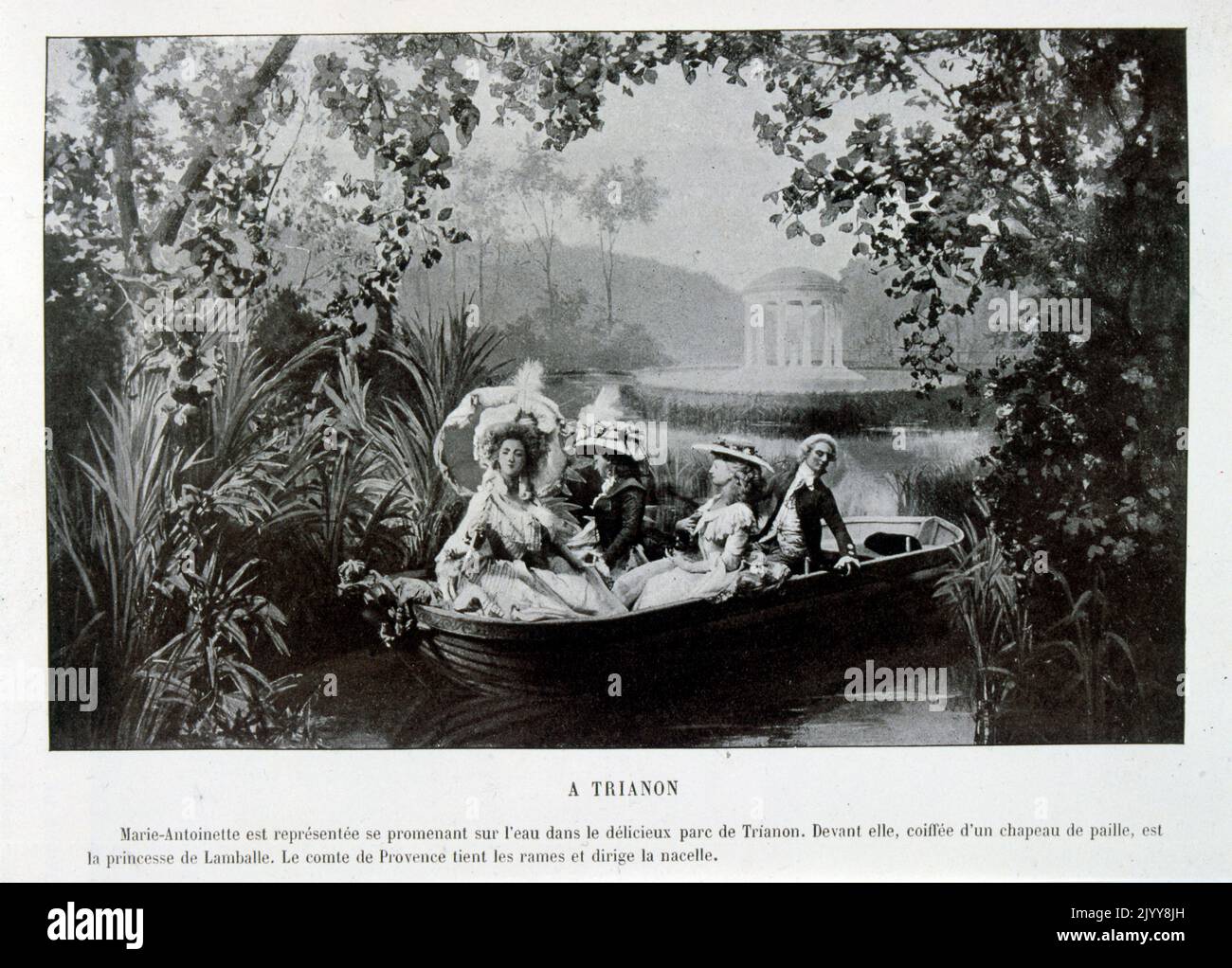 Illustration einer Szene aus einer Geschichte, die Marie Antoinette im Park von Trianon zeigt, die in einem Boot mit anderen jungen Leuten, darunter dem Grafen von Provence, sitzt. Stockfoto