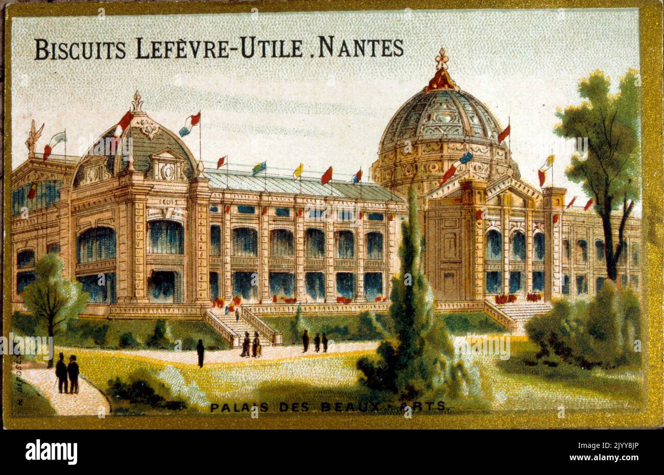 Farbige Illustration zur Ausstellung des Palastes der Schönen Künste aus dem Jahr 1889, produziert von der Keksfabrik Lefevre in Nantes. Stockfoto